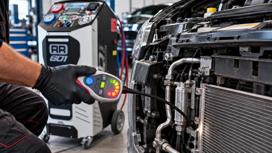 Lek zoeken in auto-airco met elektronische lekdetector en AircoMecanik airco vulstation