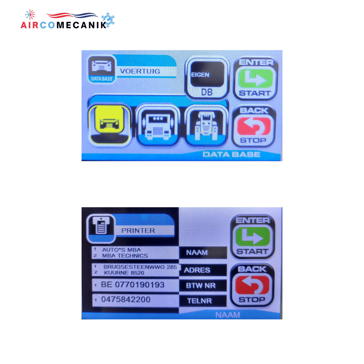 AircoMecanik TopAuto RR2 COMBI bedieningsdisplay voertuig database - printer instelling